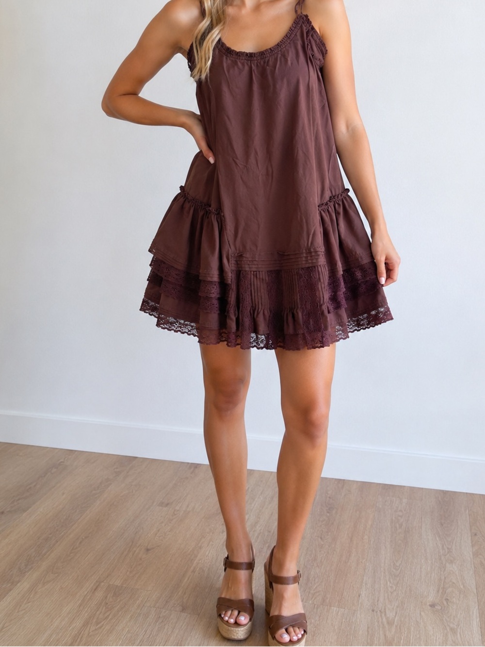 Anthropologie Love Sam Boho tiered Ruffle Lace Slip Dress S - Deep Mauve Brown